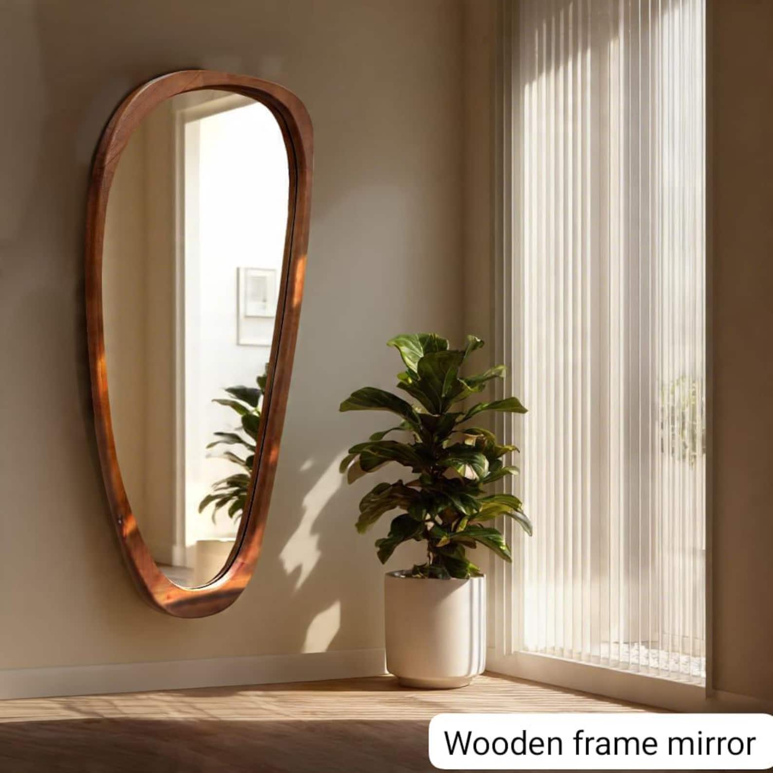 il_1588xN.7804688344_8ltd.jpg Mid Century Modern Asymmetrical Mirror | 22"x48" Irregular Wood Wall Decor - Image 1