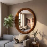 Round Walnut Wall Mirror; Modern Organic Shape Wood Mirror for Living Room & Entryway