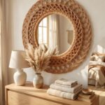Boho Rattan Wall Mirror | Handwoven Wicker Round Mirror, Natural Bohemian Wall Decor, Farmhouse Entryway Mirror, Coastal Home Decor