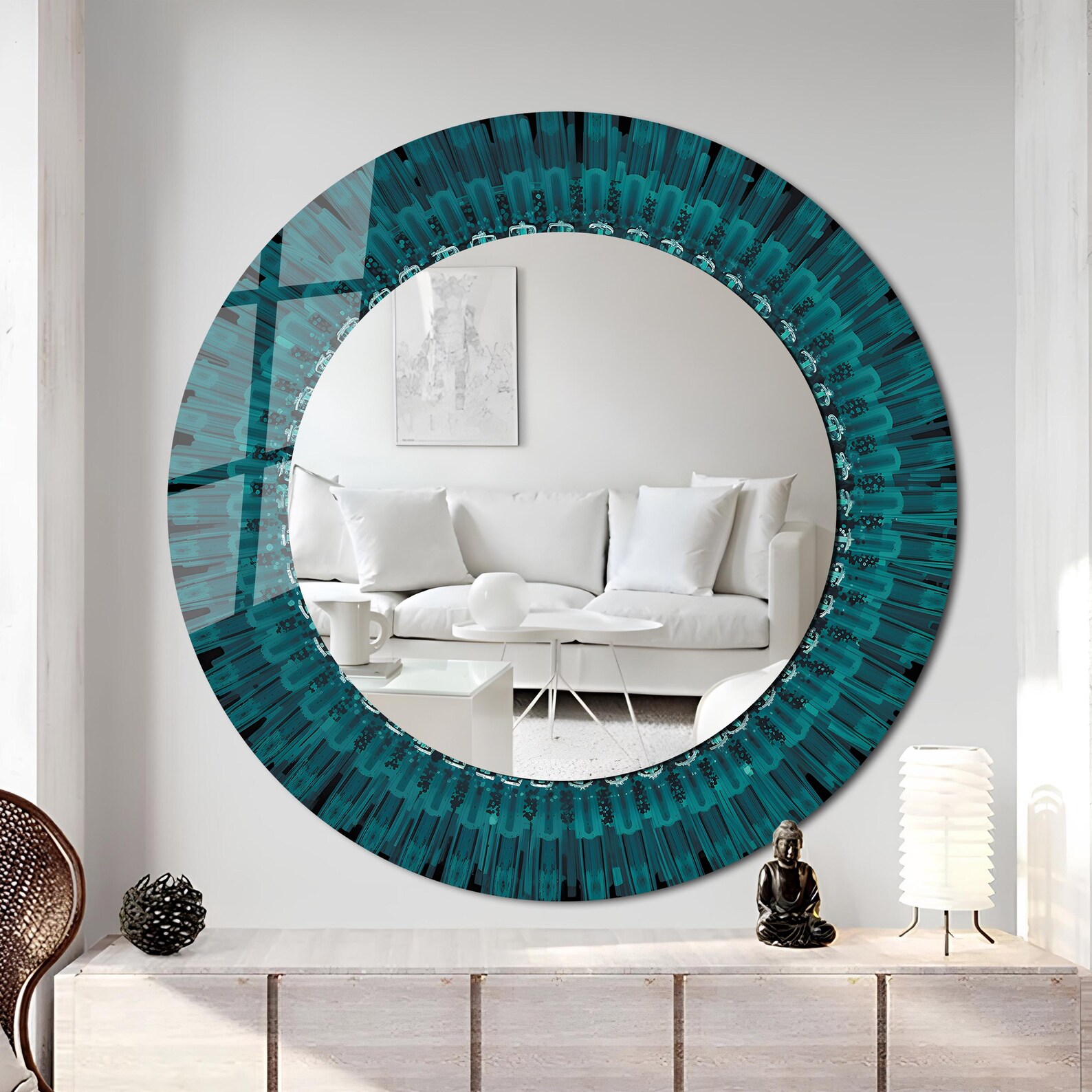 il_1588xN.7846923273_bimj.jpg Luxury Teal Tempered Glass Round Wall Mirror – Modern Bathroom Vanity Wall Decor - Image 1