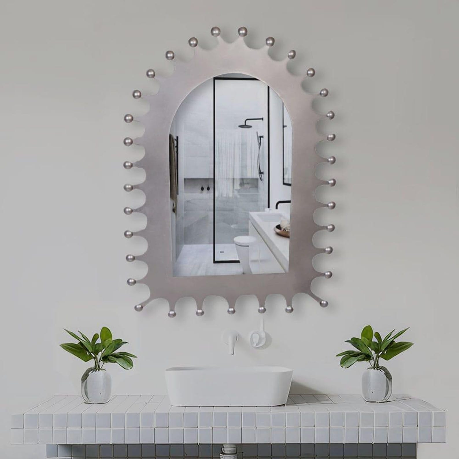 il_1588xN.7849669657_2rnn.jpg Punched Tin Mirror Moroccan Hacienda Style, Handmade Silver Metal Wall Mirror, Folk Art Spiked Mirror, Boho Rustic Southwestern Decor - Image 1