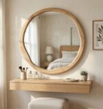 Round Solid Wood Mirror, Wavy Inner Edge, Japandi Boho Vanity Decor - Image 2