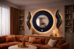 Large Round LED Sunburst Mirror, Modern MDF Wall Decor, Touch Sensor Light