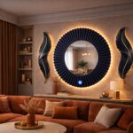 Large Round LED Sunburst Mirror, Modern MDF Wall Decor, Touch Sensor Light