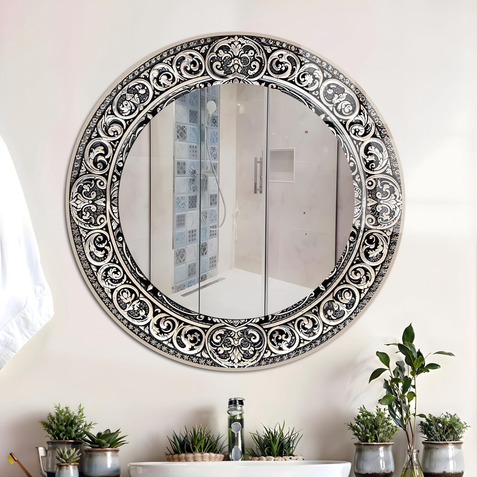 il_1588xN.7872337592_42so.jpg Luxury Silver Tempered Glass Round Wall Mirror – Modern Bathroom Vanity Wall Decor - Image 1