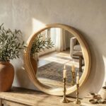 Round Solid Wood Mirror, Wavy Inner Edge, Japandi Boho Vanity Decor