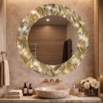 Luxury Gold Round Mirror, Modern Abstract Wall Art, Decorative Living Room Decor, Decorative UV Print