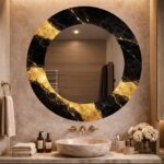 Black Gold Abstract Round Mirror, Modern Luxury Wall Decor, Decorative UV Print