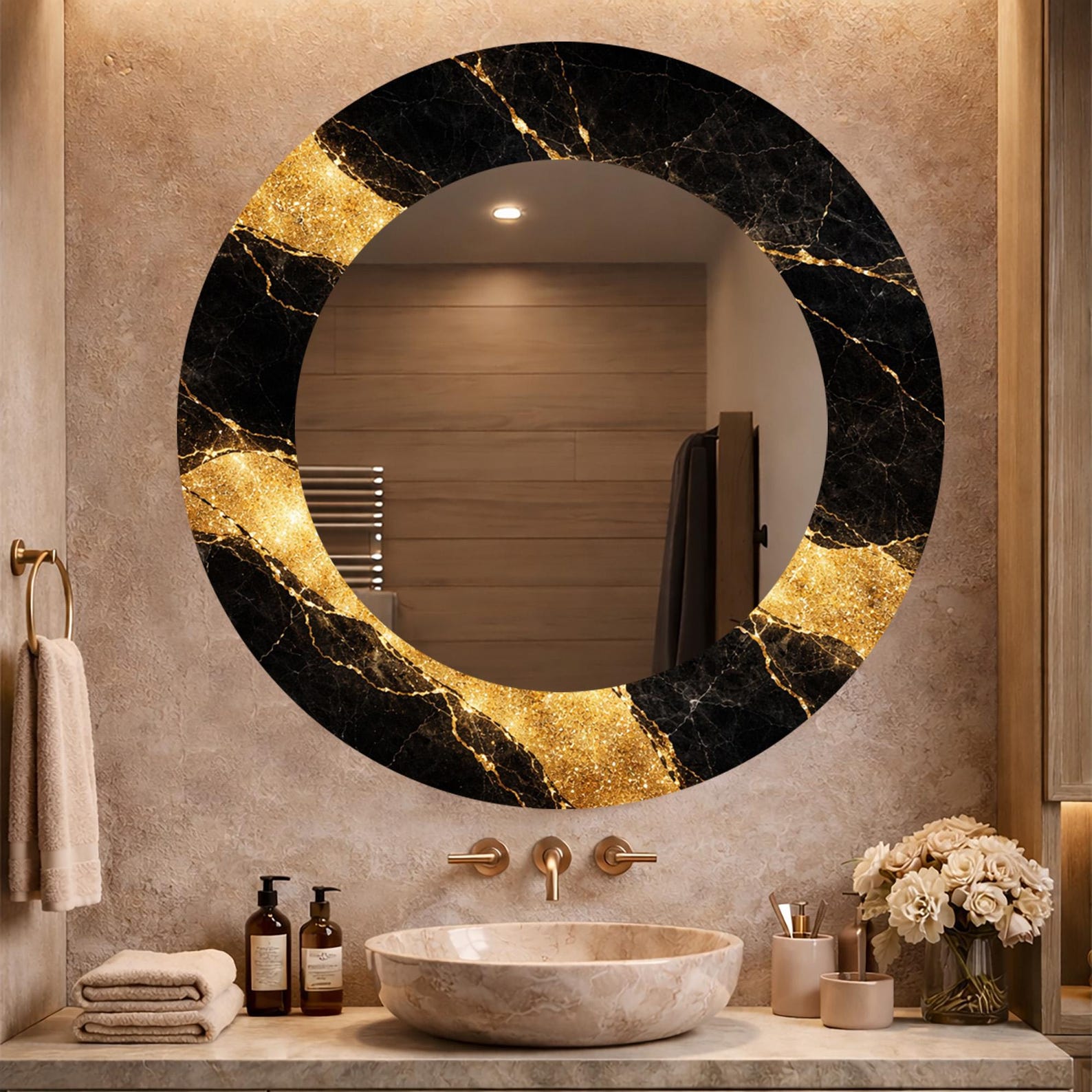 il_1588xN.7895270339_2pq5.jpg Black Gold Abstract Round Mirror, Modern Luxury Wall Decor, Decorative UV Print - Image 1