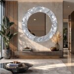 Silver Round Mirror, Ornamental Swirl Frame, Modern Metallic Wall Decor, Decorative UV Print