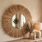 Boho Sunburst Mirror Large Round Wall Decor Handcrafted Style Neutral Accent Mirror for Entryway Living Room Modern Bohemian Wall Art