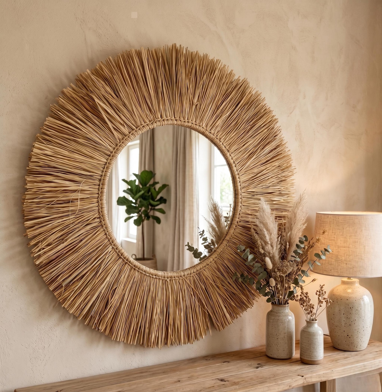 il_1588xN.7912274926_8y0n.jpg Boho Sunburst Mirror Large Round Wall Decor Handcrafted Style Neutral Accent Mirror for Entryway Living Room Modern Bohemian Wall Art - Image 1