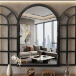 Farmhouse Window Wall Mirror Wooden Arched Decorative Mirror in Black for Living Room