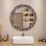Colorful Mosaic Round Mirror, Boho Wall Decor, Handmade Style Vanity Mirror, Bathroom Living Room Statement Piece, Printed Glass Art