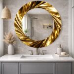 Gold Swirl Round Mirror, Modern Metallic Wall Decor, Frameless Statement Piece, Decorative UV Print