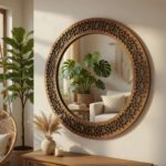 Boho Geometric Round Wall Mirror - Laser Cut Wooden Frame, Modern Boho Home Decor, Large Circle Mirror for Living Room or Bedroom