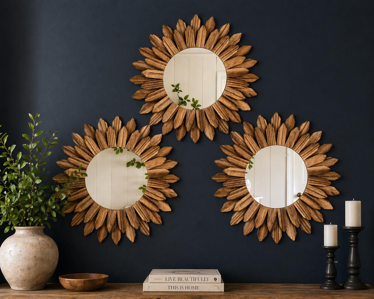 il_1588xN.7947216198_djo8.jpg Set of 3 Boho Sunburst Mirrors, Rustic Wood Wall Decor, Round Gallery Accents - Image 1