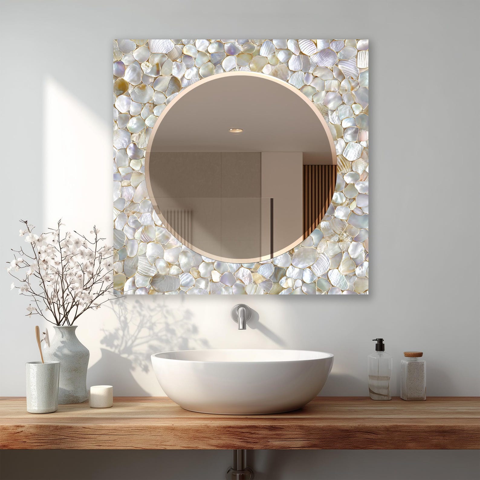il_1588xN.7963162043_jvim.jpg White Shell Mosaic Mirror, Elegant Pearl Decorative Wall Mirror, Luxury Vanity Decor - Image 1