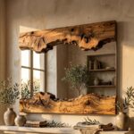 Rustic Live Edge Olive Wood Wall Mirror, Handmade Natural Wood Frame, Bathroom Vanity Decor