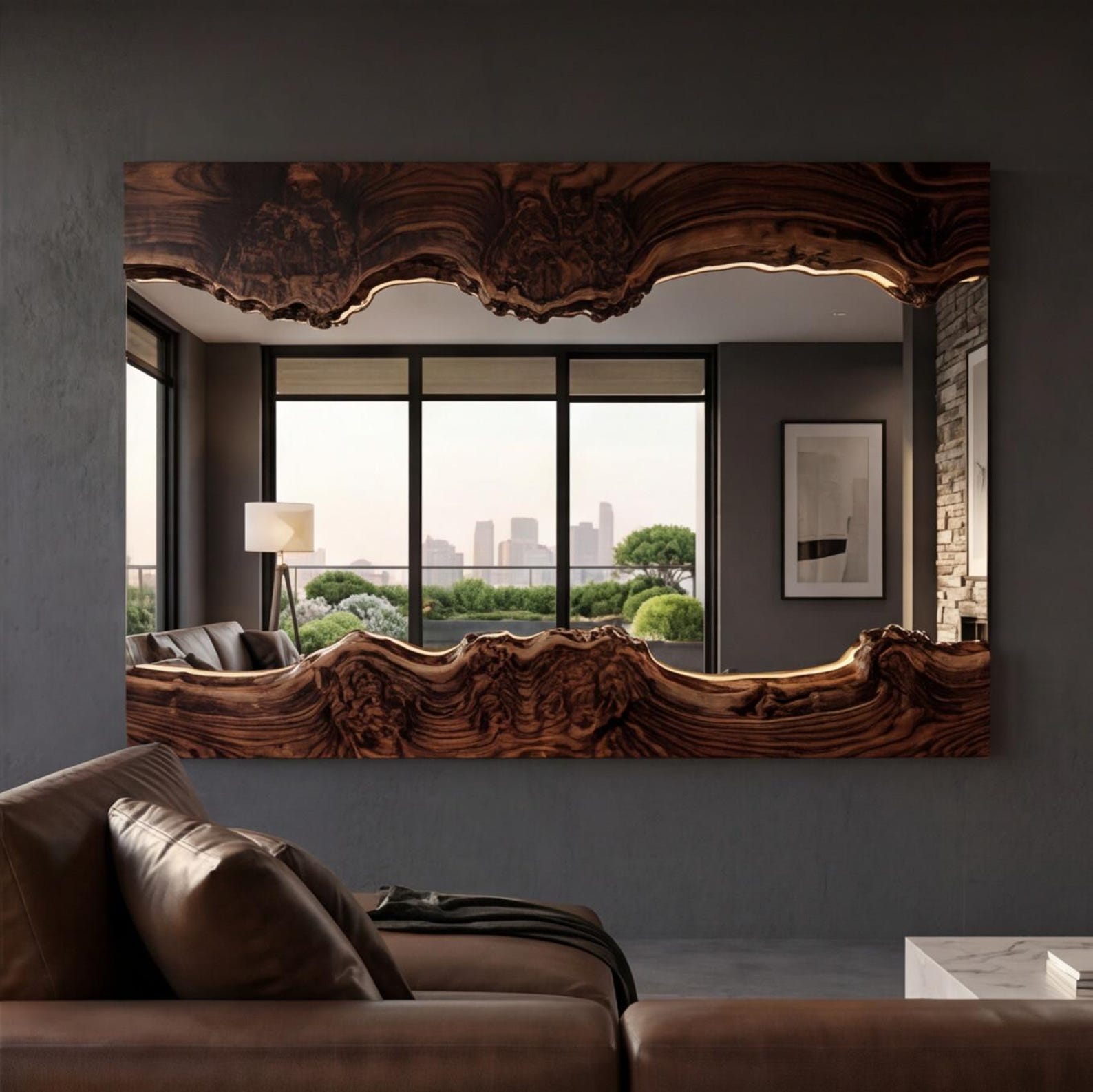 il_1588xN.7975386716_ls3d.jpg Handmade Live Edge Wood Mirror | Modern Luxury Wall Decor - Image 1