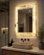 Handmade Onyx LED Mirror Wall Decor, Natural Stone Lighted Vanity Mirror, Luxury Backlit Bathroom Mirror, Modern Wall Mirror 23x15 in - Image 4