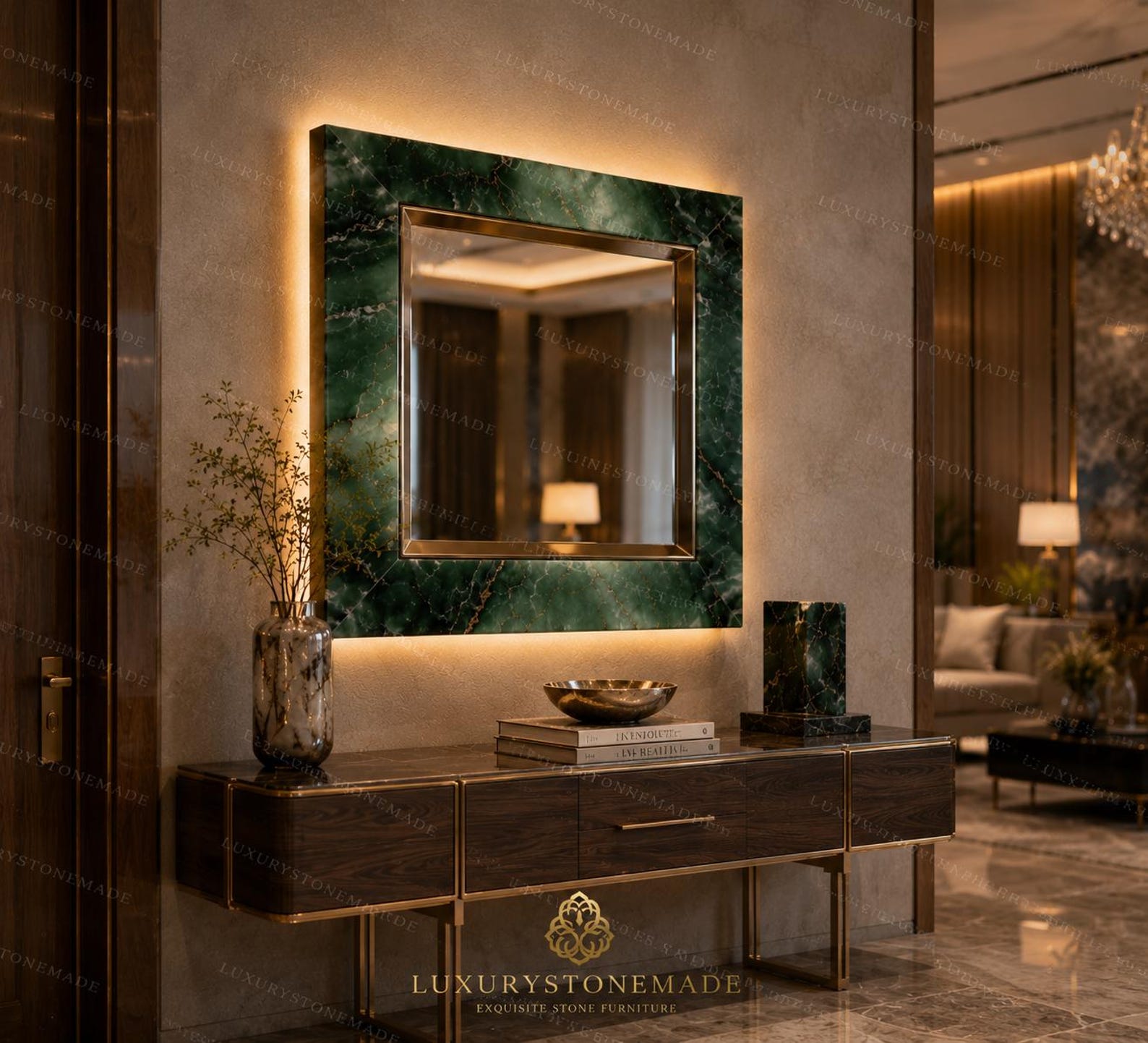 il_1588xN.8035982322_d4ar.jpg Green Onyx Wall Mirror Luxury Handmade Stone Vanity Marble Decor Statement Interior Design - Image 1