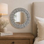 Handmade Floral Bone Inlay Round Wall Mirror, Grey Ivory Boho Decor - Image 5