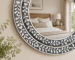 Handmade Floral Bone Inlay Round Wall Mirror, Grey Ivory Boho Decor - Image 7