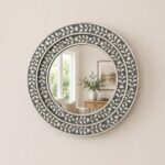 Handmade Floral Bone Inlay Round Wall Mirror, Grey Ivory Boho Decor - Image 3