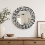 Handmade Floral Bone Inlay Round Wall Mirror, Grey Ivory Boho Decor - Image 2