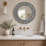 Handmade Floral Bone Inlay Round Wall Mirror, Grey Ivory Boho Decor - Image 6