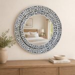 Handmade Floral Bone Inlay Round Wall Mirror, Grey Ivory Boho Decor - Image 4
