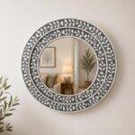 Handmade Floral Bone Inlay Round Wall Mirror, Grey Ivory Boho Decor