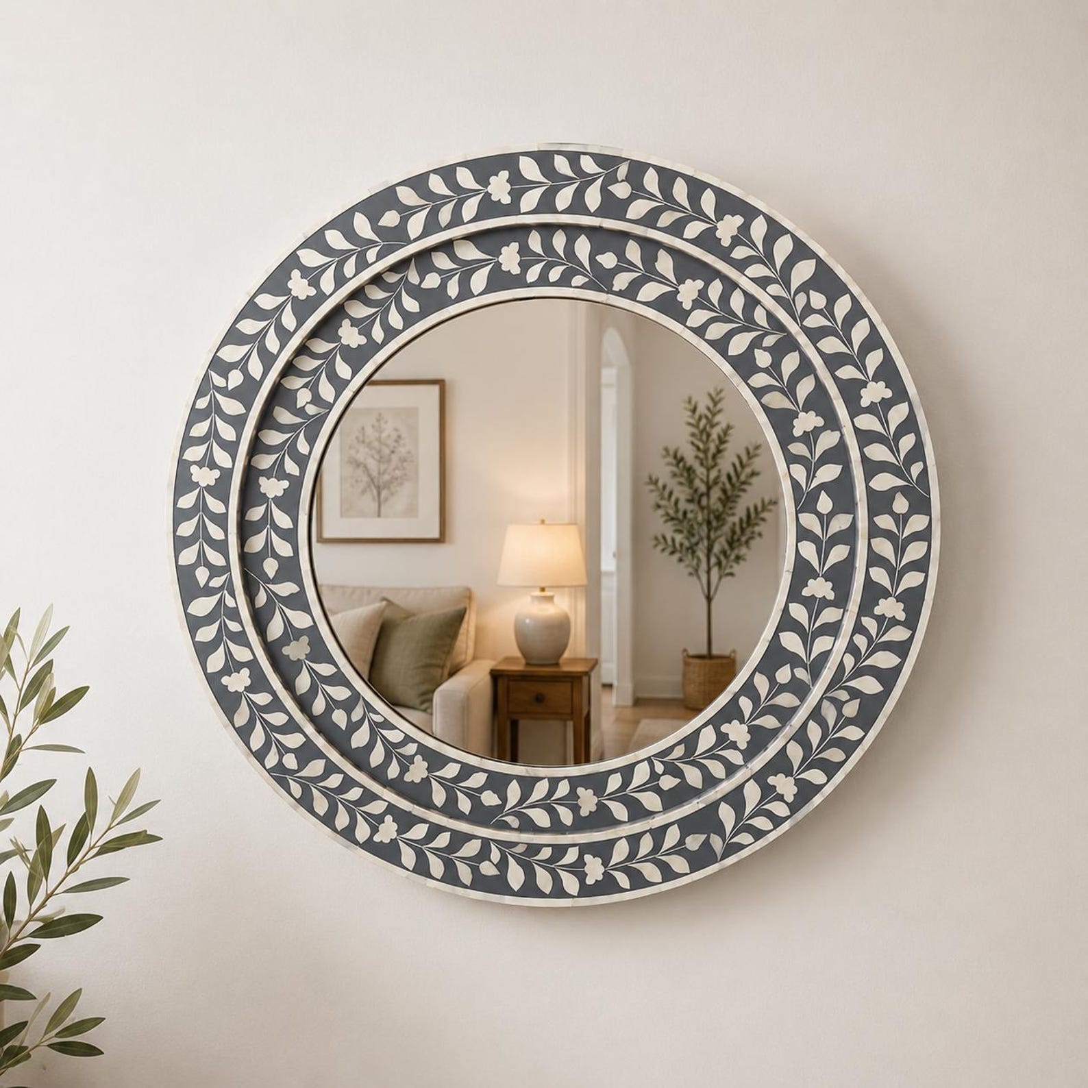 il_1588xN.8093437367_7ztn.jpg Handmade Floral Bone Inlay Round Wall Mirror, Grey Ivory Boho Decor - Image 1