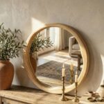 Round Solid Wood Mirror, Wavy Inner Edge, Japandi Boho Vanity Decor - Image 6